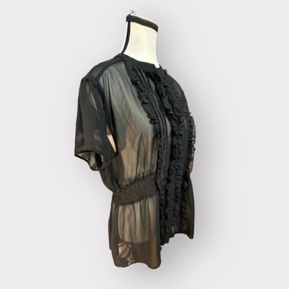 Women’s Retro Torrid 1 Black Sheer Ruffle Button Down Banded Waist Top 1X 1XL - Picture 8 of 10